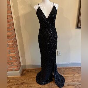 La Femme Black Sequin Maxi Gown Sleeveless V-Neck